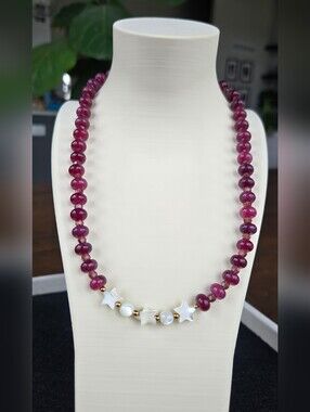 Handcrafted Semiprecious Purple Jade Necklace with Mother Of Pearl Star Accents